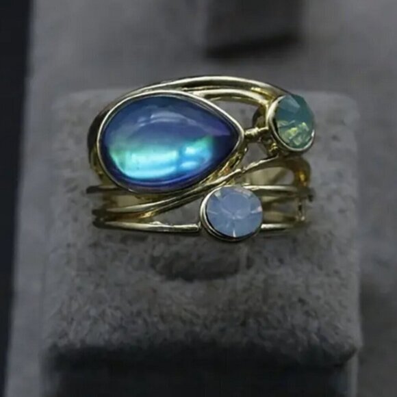 Turquoise Synthetic Three-Stone Ring, Gold Plated, Wide Statement Ring - Picture 6 of 8